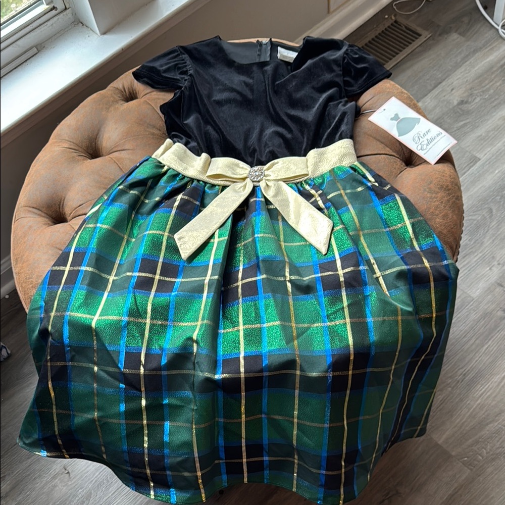Rare Editions Black Velvet Top with Green Plaid Skirt Dress